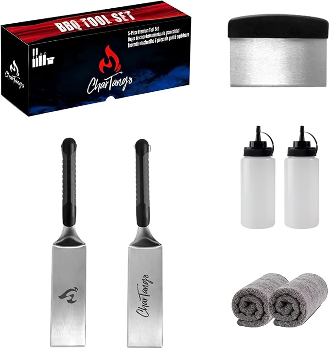 Blackstone Griddle Set 7-Piece w/2 Towels - 3mm Stainless Steel Spatulas, Scraper & Oil Bottles - Professional BBQ Tools for Blackstone/Camp Chef/Hibachi