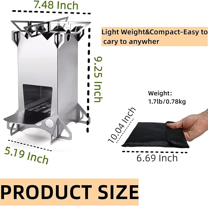 Backpacking Camping Rocket Stove,Portable Stainless Steel Wood Burning Camping Stoves for Outdoor Cooking Hiking Survival Travel Picnic BBQ