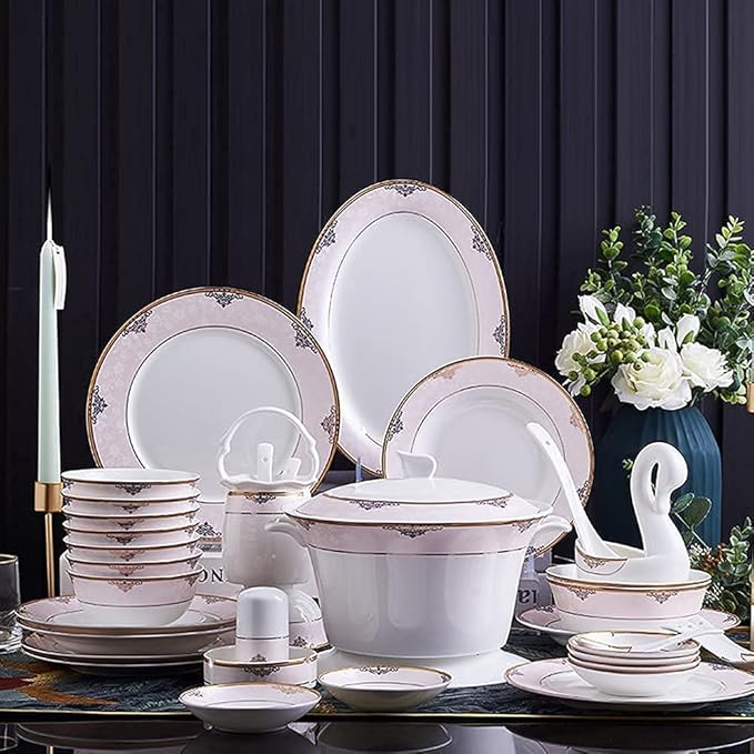 Dinnerware Sets Dish Set 60PCS Ceramic dinnerware Set Bone China Tableware Dishes Plates Ceramic Combination Dinner Service Set Porcelaine Service for 10 (60 Pieces of Prince Pot)