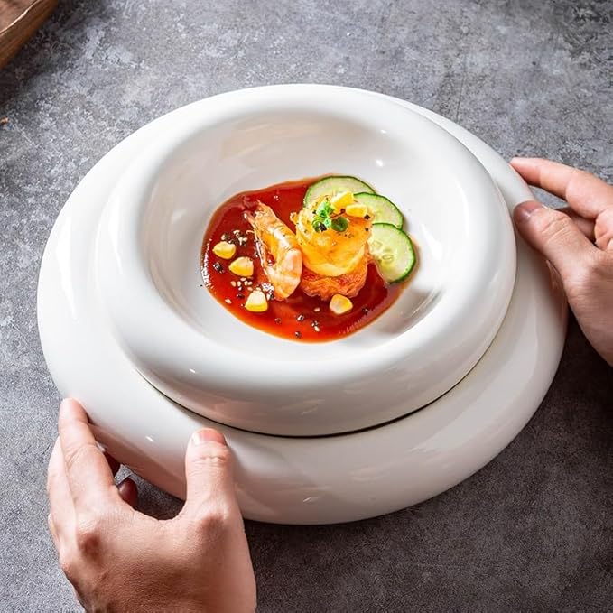 Camping Plates 8-inch White Ceramic Kitchen Tableware Creative Artistic Conception Western Food Plating Hotel Restaurant Cold Dish Bowl Decorative Plate(8 in)