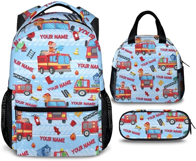 Custom Backpacks for Kids, Set of 3 Fire Truck School Backpacks Matching Combo for Boys Students, Personalized Lightweight Truck Bookbag with Lunch Box Set for School Camp Travel