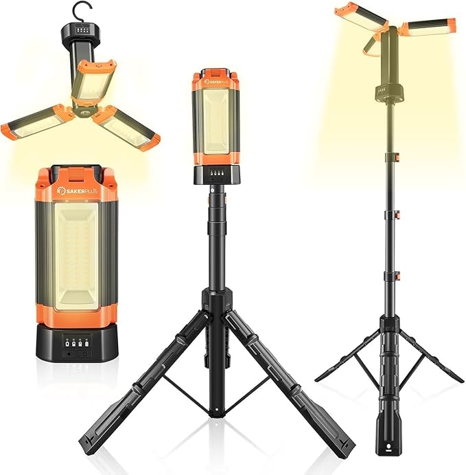 Portable Camping Light with Stand, 20000mAh Outdoor Work Light 800-3200 Lumen, 6.1ft Height with Detachable Tripod, 3300-6500K Dimmable LED, Camping Essentials Gear Emergency Flashlight