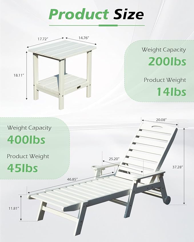 Domi Outdoor Chaise Lounge Chair with Table, HDPE Outdoor Lounge Chair with Reclining Backrest, Patio Chaise Lounger for Poolside, Outside Sunbathing Tanning, White
