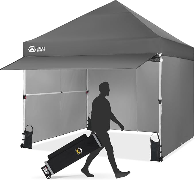 CROWN SHADES 10x10 Pop Up Canopy Tent with 4 Sidewalls, Instant Commercial Tent with 1-Person Setup Patended Centerlock, Extend Awning, 4 Sidewalls, 4" Wheels, Sto'N Go Bag, Grey