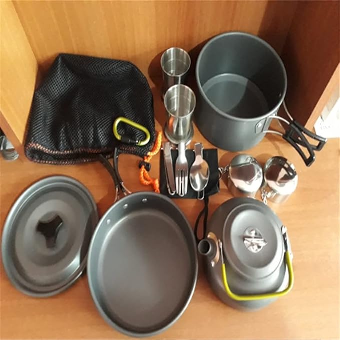 1 Set Outdoor Pots Pans Camping Cookware Picnic Cooking Set Non-Stick Tableware with Foldable Spoon Fork Kettle Cup