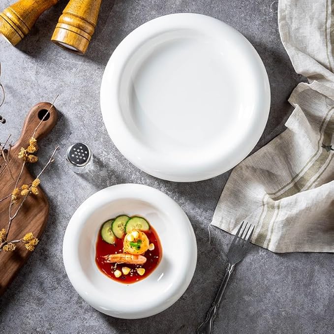 Camping Plates 8-inch White Ceramic Kitchen Tableware Creative Artistic Conception Western Food Plating Hotel Restaurant Cold Dish Bowl Decorative Plate(10 in)