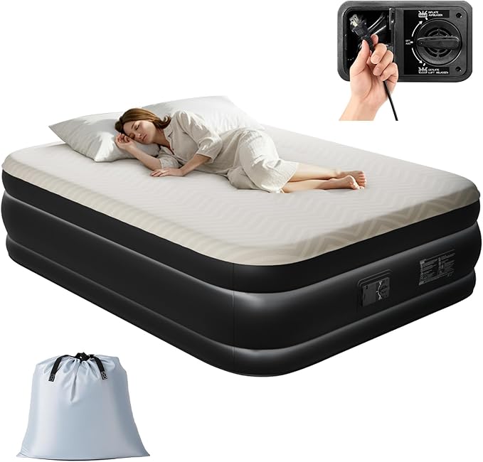 Queen Air Mattress with Built-in Pump, 80 x 60 x 18 inch Foam Topper Blow up Mattress,Supports 650 lbs,Quick Inflation/Deflation Inflatable Mattress for Home Guests Camping - Beige & Black