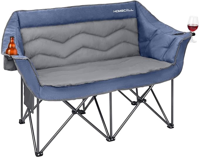 Oversized Double Camping Chair for Adults - Heavy Duty Folding Loveseat Support 700 lbs, Extra Wide 2 Person Camping Couch with Thick Padding, Cup Holders & Storage Bag, Blue