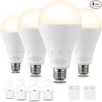 4 Pack Rechargeable Emergency Light Bulbs, Battery Powered LED Light Bulb 3000K Warm E26 120 Volt 9W 60W Equivalent with 1200mAh for Home Power Outage Camping Hurricane