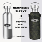 Tactiko Survival 25 oz/750 ml Stainless Steel Wide Mouth Water Bottle, Single Wall Boil-Safe, Leakproof, BPA-Free with Carry Sleeve and Strap for Camping, Hiking, Outdoor Prep (Camo)