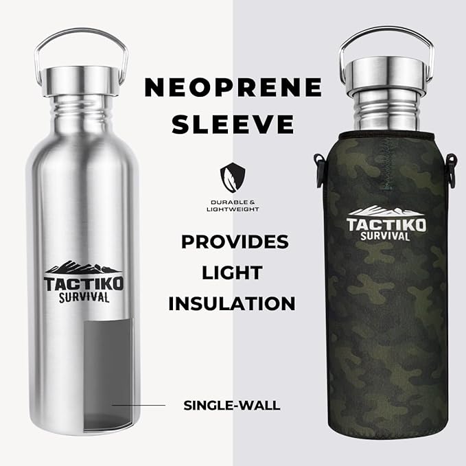 Tactiko Survival 34 oz/1000 ml Stainless Steel Wide Mouth Water Bottle, Single Wall Boil-Safe, Leakproof, BPA-Free with Carry Sleeve and Strap for Camping, Hiking, Outdoor Prep (Camo)