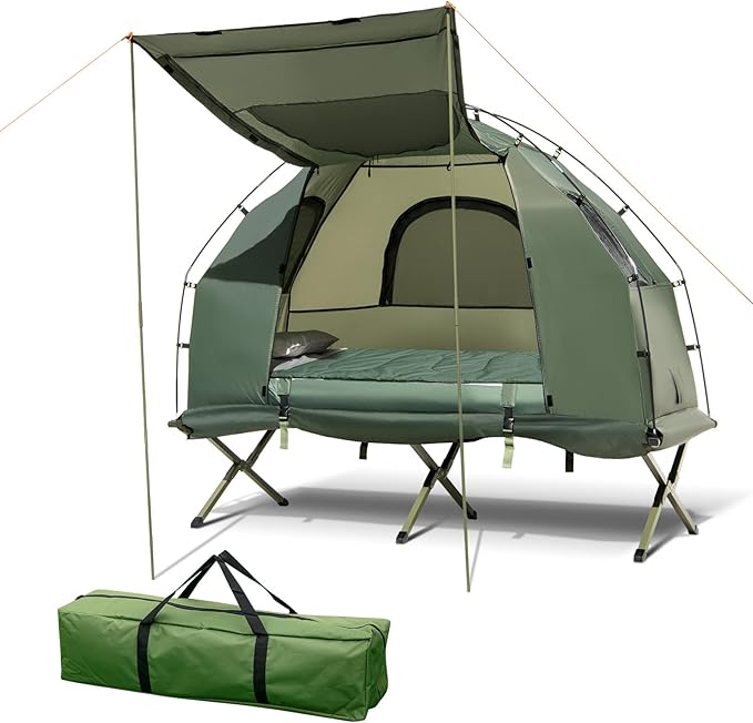 Tangkula 5-in-1 Tent Cot Combo With Awning, Air Mattress, Sleeping Bag, Pillow, Elevated Single Tent With Carrying Bag for Outdoor Camping, Hiking, Picnic, Travel
