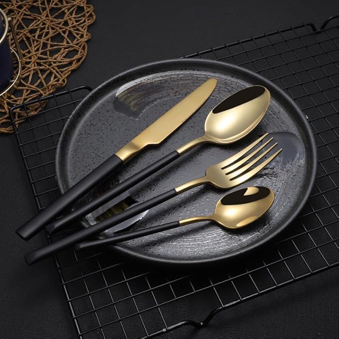 Cutlery Set Pieces Service Stainless Steel Titanium Flatware,Silverware Flatware Cutlery Set, 304 Stainless Steel Tableware Set for Home Hotel Steak Knife Fork Spoon Coffee Spoon (Black 8Se