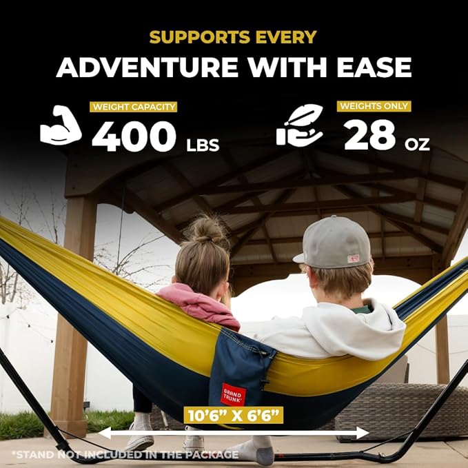GRAND TRUNK TrunkTech Double Hammock | Ultra-Strong & Lightweight | 11 ft Hammock with Ripstop Nylon | 500 lb Capacity | Fast-Drying & Weather-Resistant | Heritage