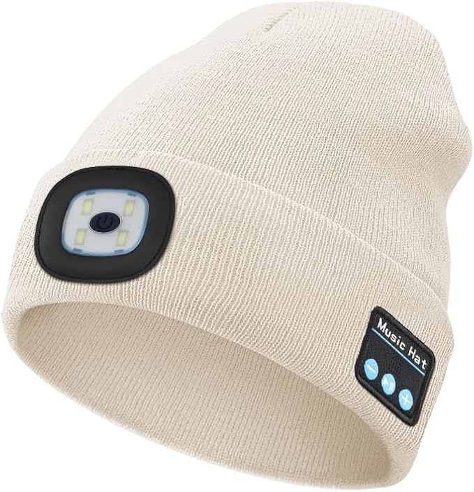 Bluetooth Beanie with Light, USB Rechargeable LED Headlamp Winter Hat, Men Women Valentine's Day Gifts