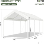 Aoxun 10x20 FT Carport Heavy Duty Car Canopy with Tarp & Wind Resistance Portable Garage Car Tent Outdoor Car Port with Tear Resistant Canopy, No Sidewall - Milky White