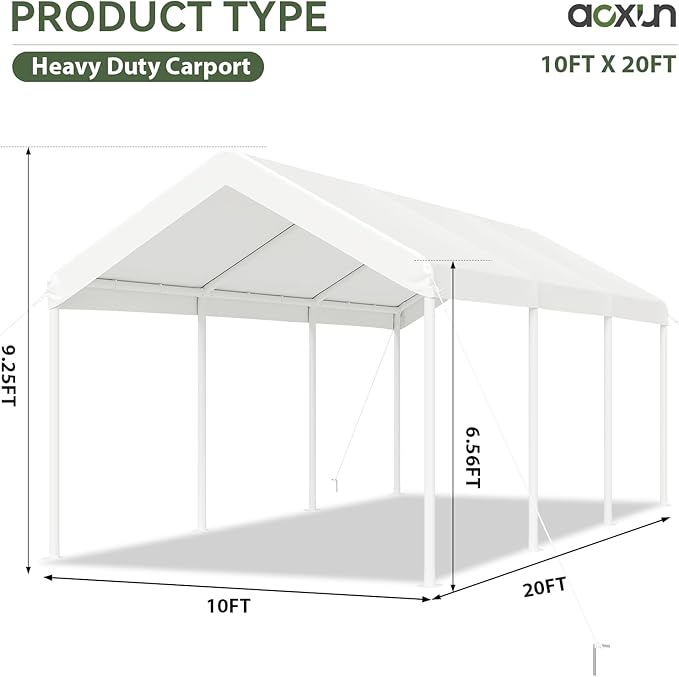 Aoxun 10x20 FT Carport Heavy Duty Car Canopy with Tarp & Wind Resistance Portable Garage Car Tent Outdoor Car Port with Tear Resistant Canopy, No Sidewall - Milky White