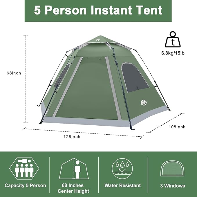 ADSMART Instant Tents for Camping 2/3/4/5 Person Tent Waterproof Easy Setup Sets Up Backpacking Tents with Carry Bag for Outdoor Hiking