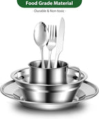 Odoland 29pcs Stainless Steel Utensils Camping Mess Kits with Bowls Plates Cups Forks Spoons and Knives for 4, Cutlery Flatware Set for Backpacking, Outdoor Camping Hiking and Picnic