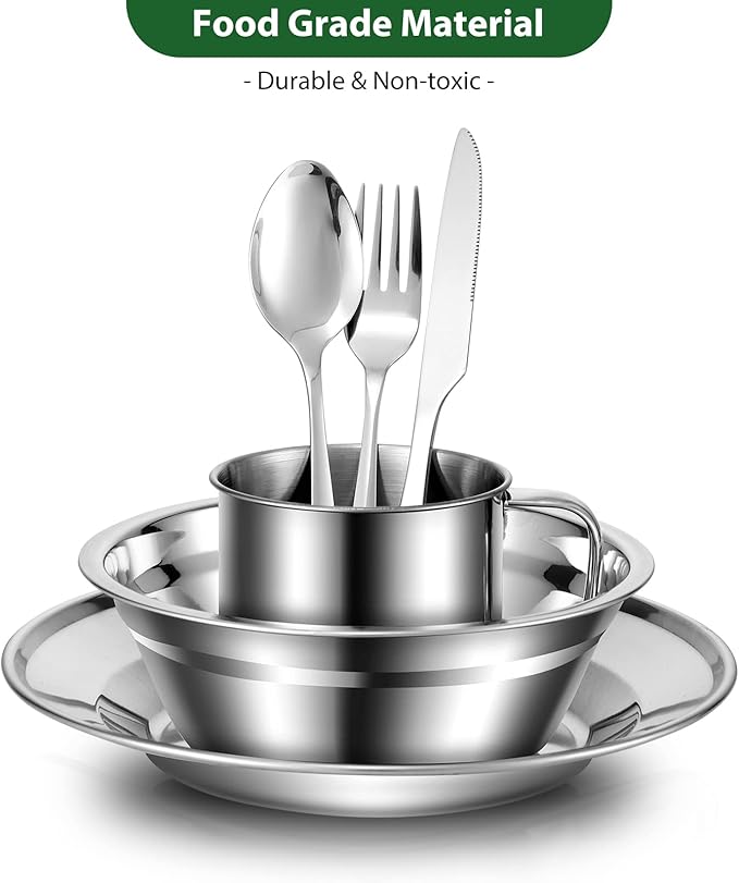 Odoland 29pcs Stainless Steel Utensils Camping Mess Kits with Bowls Plates Cups Forks Spoons and Knives for 4, Cutlery Flatware Set for Backpacking, Outdoor Camping Hiking and Picnic