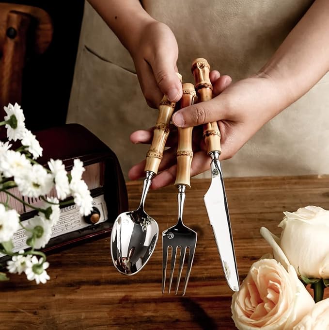 Bamboo Silverware Set for 12, Natural Flatware Cutlery Set Tableware Utensil Set Knives Forks Spoons, Dinnerware Sets for Christmas Party Kitchen Wedding Gifts 60-piece