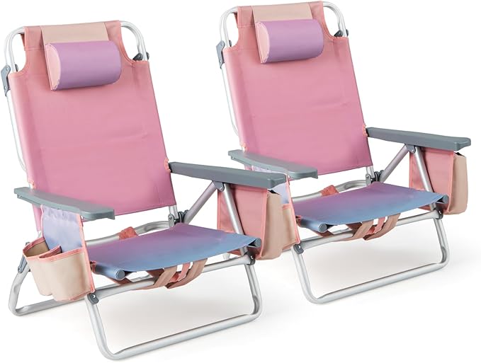 GYMAX Beach Chairs, Backpack Camping Chair with Armrest, Cooler Bag, Cup Holder, Towel Bar & Side Pockets, Sunbath Sling Tanning Lounge, Folding Layout Chair (Without Table, Pink)