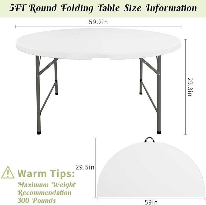 Fivenl 5 FT Round Folding Tables White Foldable Table, Fold-in-Half with Carrying Handle Portable Plastic Table for Party, Dining, Wedding, Camping, Picnic, Indoor Outdoor Events