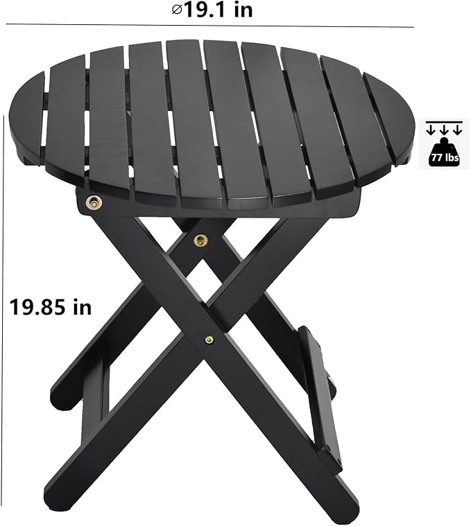 Small Round Folding Side Table Set of 2, Patio Foldable Wooden End Tables for Outdoor Indoor Porch Camping Living Room Bedside Couch, as Coffee Table or Plant Stand, Black