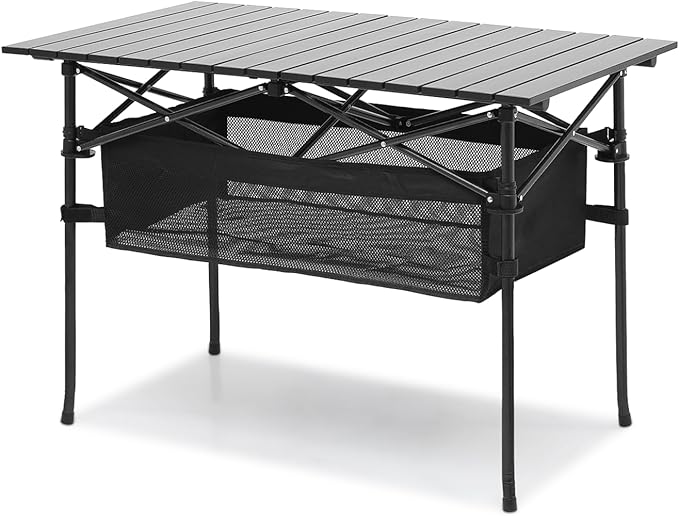 Magshion 37" Folding Camping Table with Large Storage Basket & with Carry Bag, Aluminum Picnic Table for Indoor Outdoor Camping Backyard BBQ Use, Black