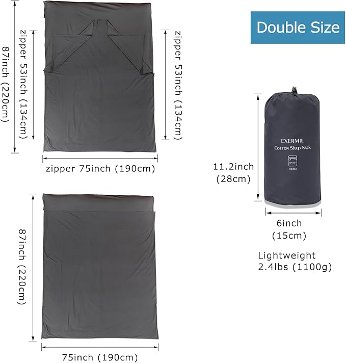 100% Cotton Sleeping Bag Liner with Full Length Zipper on 3 Sides; Single/Double Adult Sleep Sack for Travel & Camping, Multifunctional Travel Sheets (Unzipped 87”x87”) for Hotel, Lightweight