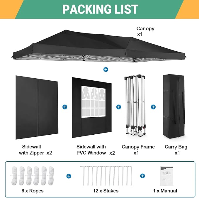 COBIZI Canopy 10x20 Pop Up Canopy Tent with 6 Sidewalls Outdoor Party Tent 10x20 Waterproof Commercial Instant Shelter UPF 50+ Portable Gazebo Wedding Tents for Parties Car Port Vender Events(Black