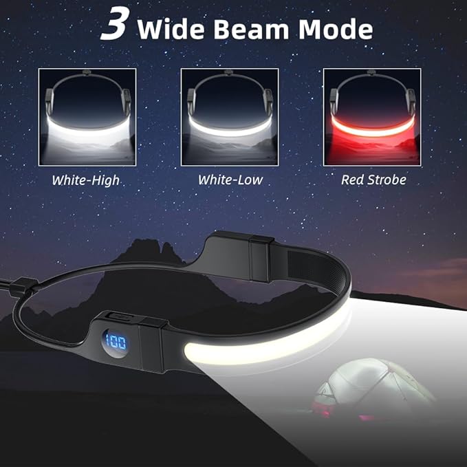LED Headlamp Flashlight, High Lumens 230° Broadbeam Headlight, USB Rechargeable Head Lamp with Digital Power Display, Lightweight Waterproof Headlamps for Camping Running Hiking, Flexible Silicone