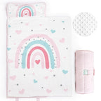 PHF Toddler Nap Mat with Removable Pillow and Minky Fleece Blanket, Rollup Design Warm Slumber Bags for Girls, 52"x20"x2" Kids Sleeping Bag for Daycare Preschool Travel Camping, Rainbow