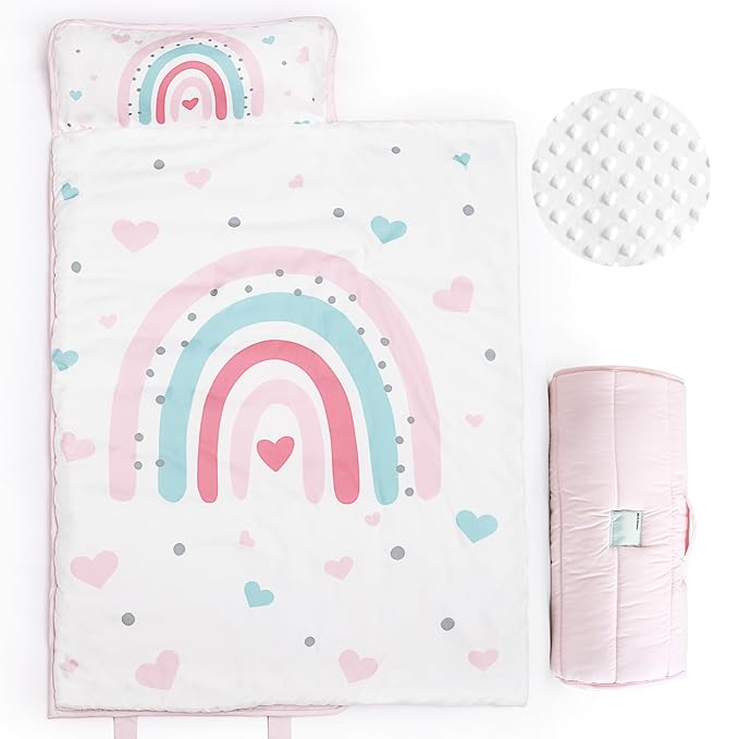 PHF Toddler Nap Mat with Removable Pillow and Minky Fleece Blanket, Rollup Design Warm Slumber Bags for Girls, 52"x20"x2" Kids Sleeping Bag for Daycare Preschool Travel Camping, Rainbow