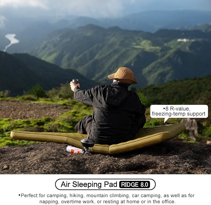 Camping Air Sleeping Pad Ridge 8.0 R-Value 8 Insulation Extreme Cold Weather Pump Bag Compact Lightweight Portable Hiking Disaster Preparedness Earthquakes Outdoor Inflatable Pad