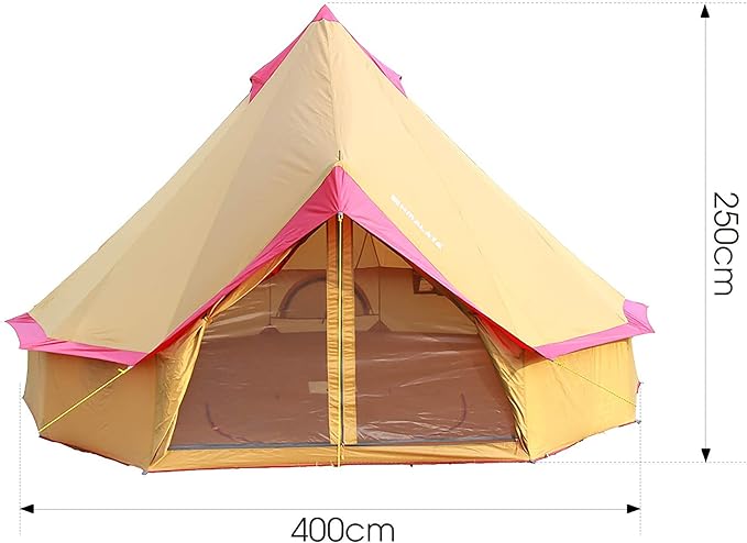 Round Bell Tent, 4m Bell Tent with Zippered Mesh Door and Windows Outdoor Waterproof Large Tent Canvas Yurt Tent 3-10 Persons Family Camping Tent Glamping,Portable Foldable Tent Easy to Install