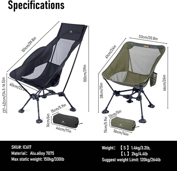 iClimb Ultralight Compact Camping Folding Beach Chair with Anti-Sinking Large Feet and Back Support Webbing (Black - Triangular Frame - 2PC)