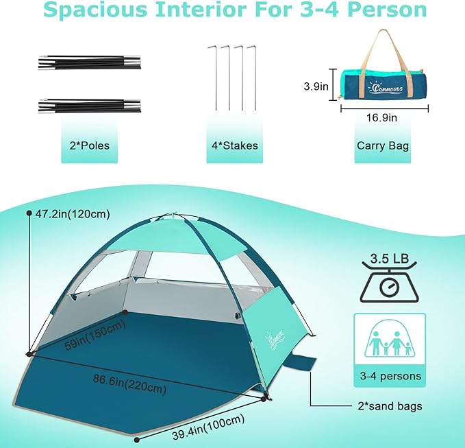 COMMOUDS Beach Tent Sun Shade for 3/4/6/8 Person, UPF 50+ Beach Sun Shelter Canopy Tent, Lightweight, Easy Set Up and Carry