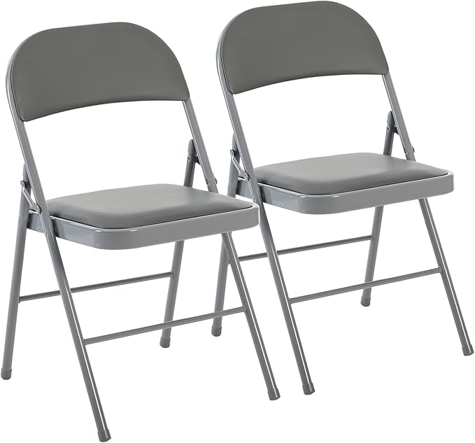 DUMOS 2 Pack Folding Chairs with Padded Cushion and Back - PU Leather Stackable Portable Dining Chiars Set, for Home and Office, Conference, Wedding, Party, Patio, Garden, for Indoor Outdoor, Grey
