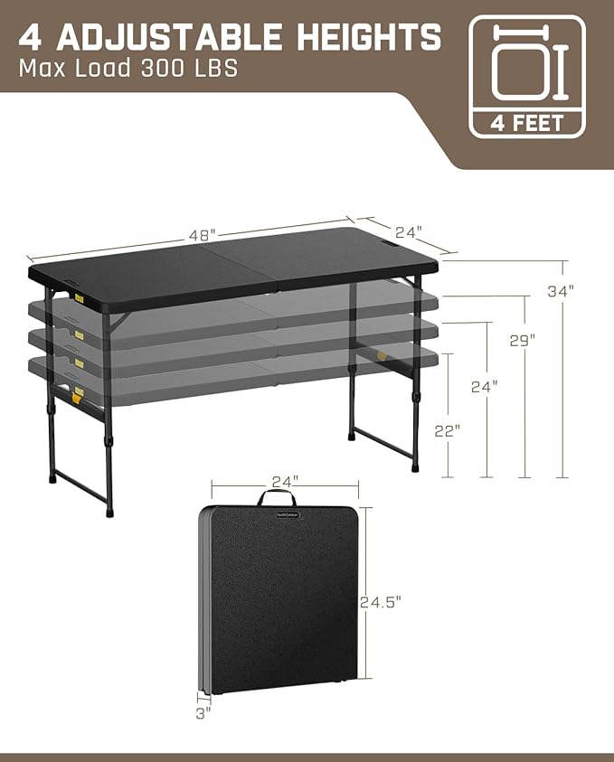 FanttikOutdoor Folding Table 4 Foot, Effortless Quick Adjustable Height Foldable Small Card Table, Fixing Lock, Stable for Party Dining Events Picnic Indoor Outdoor Camping, 1 Pack, Zeta X4 Pro Black
