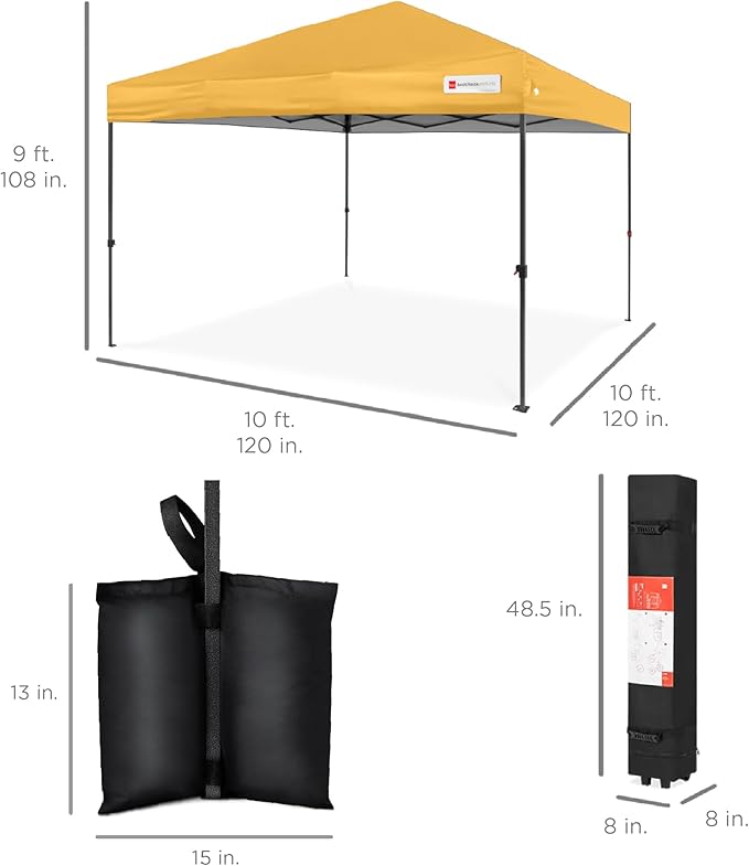Best Choice Products 10x10ft Pop Up Canopy Tent, Outdoor Shade, 1 Person 1 Minute Set Up, Carry Case, 4 Weight Bags - Marigold