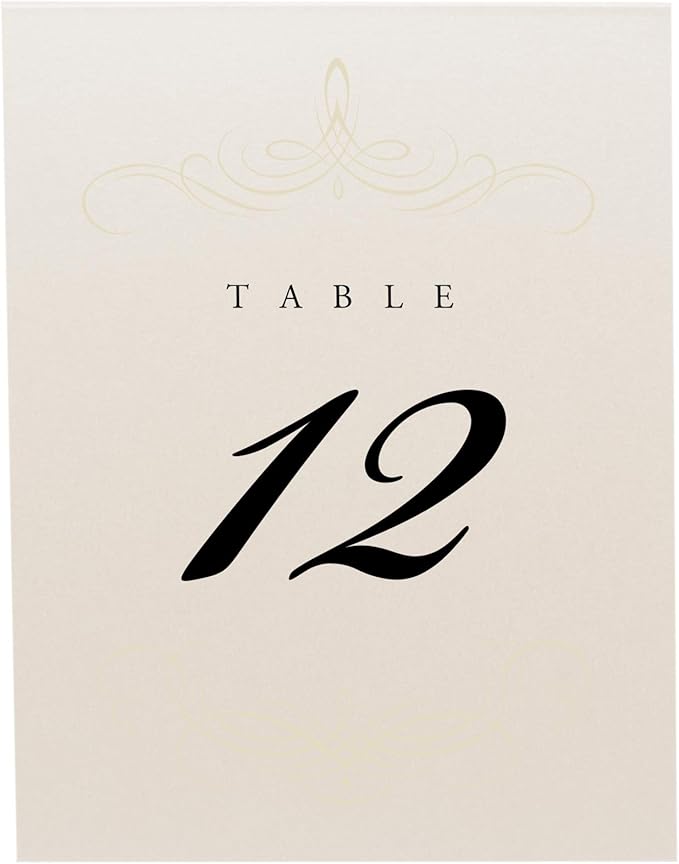 Decadent Flourish Wedding Table Numbers (Select Color/Quantity), Champagne, Ivory, 1-65, Double Sided, Tent or Use in a Stand, Great for Parties & Restaurants - Made in the USA