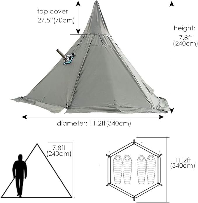 WINTENT 4 Season Waterproof Teepee Tent Yurt with Stove Jack for Adult Camping Hiking, Height 7.8FT/240CM