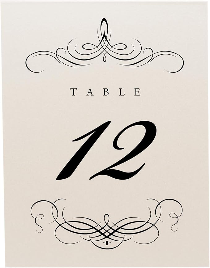 Decadent Flourish Wedding Table Numbers (Select Color/Quantity), Champagne, Black, 1-70, Double Sided, Tent or Use in a Stand, Great for Parties & Restaurants - Made in the USA