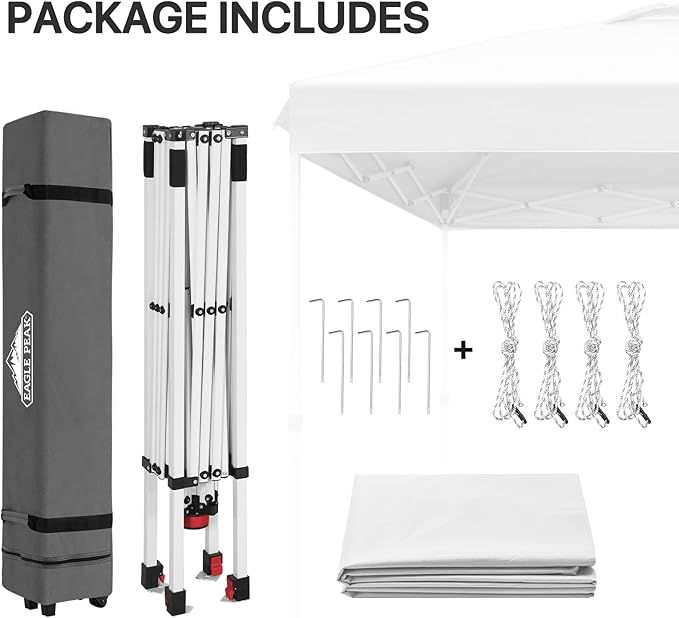EAGLE PEAK Pop Up Canopy Tent with Wheeled Carry Bag, 8 Stakes, 4 Ropes, Easy Set Up Tent Canopy, 8x8 ft, White