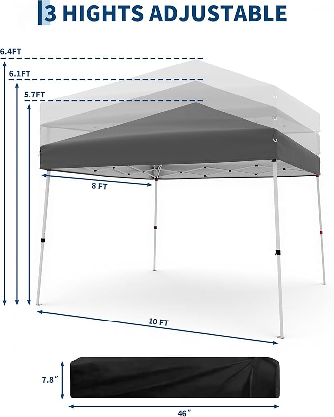 Canopy Tent, GarveeLife 10X10 FT Pop Up Canopy Outdoor Instant Tent Slant Legs with Carrying Bag, Portable Gazebo Shelter for Patio Deck Garden Beach - 8X8 FT Canopy Cover (Gray)