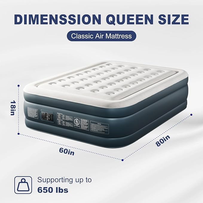 Outvita 18in Queen Air Mattress with Built-in Pump, Quick Assembly Comfort Luxury Blow Up Air Bed Self-Inflation/Deflation - Breathable and Flatness-Free for Guests and Home, Camping, Travel