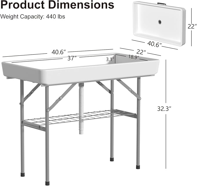 4 Foot Ice Cooler Table, Folding Tailgate Camp Fishing Cleaning with Matching Skirt & Drain Hose, Plastic Ice Table for Party, BBQ, Camping, Picnic, Barbecues to Keep Drinks Cool, White