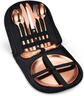 Silverware Flatware Cutlery Set, Outdoor Camping Stainless Steel Table Knife, Fork, Spoon, Plate, Food Clip, Portable Tableware Bag Set.Gold-8Set (Rose Gold 1Set)