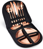 Silverware Flatware Cutlery Set， Outdoor Camping Stainless Steel Table Knife， Fork， Spoon， Plate， Food Clip， Portable Tableware Bag Set，Rose Gold-12Set
